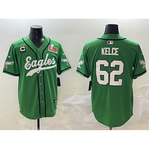Philadelphia Eagles #62 Jason Kelce Green 2025 Super Bowl LIX And 3-Star C Patch Stitched Jersey