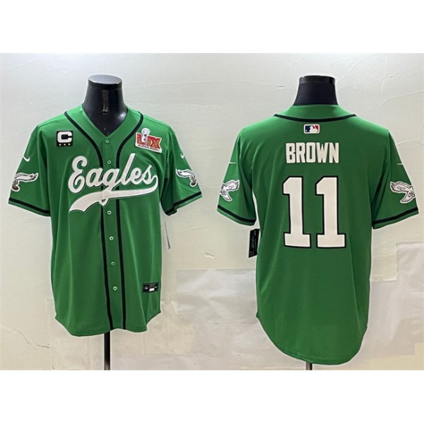 Philadelphia Eagles #11 A.J. Brown Green 2025 Super Bowl LIX And 3-Star C Patch Stitched Jersey