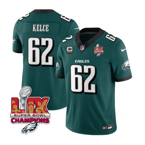 Philadelphia Eagles #62 Jason Kelce Green 2025 Eagles Logo Super Bowl LIX Patch And 4-Star C Patch New F.U.S.E. Vapor Limited Stitched Jersey