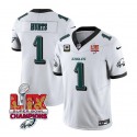 Philadelphia Eagles #1 Jalen Hurts White 2025 Eagles Logo Super Bowl LIX Patch New F.U.S.E. Vapor Untouchable Limited Stitched Jersey