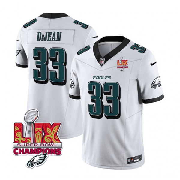 Philadelphia Eagles #33 Cooper DeJean White 2025 Eagles Logo Super Bowl LIX Patch New F.U.S.E. Vapor Untouchable Limited Stitched Jersey