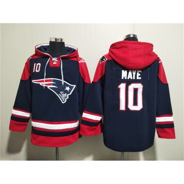 New England Patriots #10 Drake Maye Navy Ageless Must-Have Lace-Up Pullover Hoodie