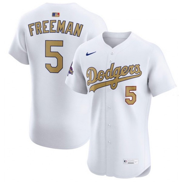 Los Angeles Dodgers #5 Freddie Freeman White 2025 Gold Collection Elite Stitched Jersey