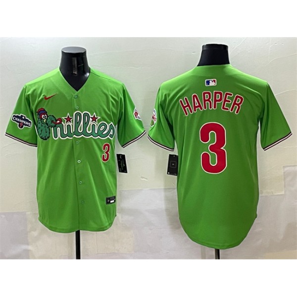 Philadelphia Phillies #3 Bryce Harper Light Green Phanatic With 2024 Division Champions Patch Limited Stitched Jersey