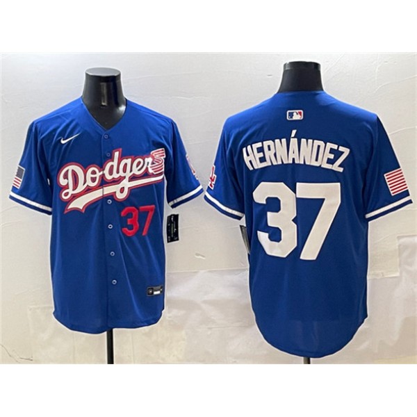 Los Angeles Dodgers #37 Teoscar Hernández Royal With American Flag Patch Limited Stitched Jersey