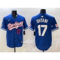 Los Angeles Dodgers #17 Shohei Ohtani Royal With American Flag Patch Limited Stitched Jersey