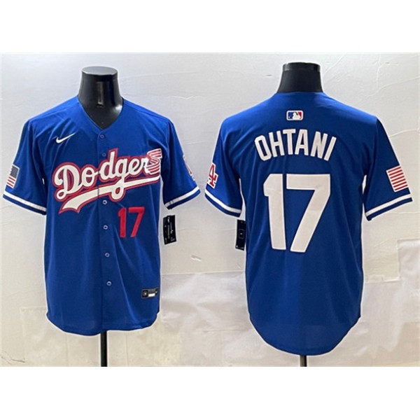 Los Angeles Dodgers #17 Shohei Ohtani Royal With American Flag Patch Limited Stitched Jersey