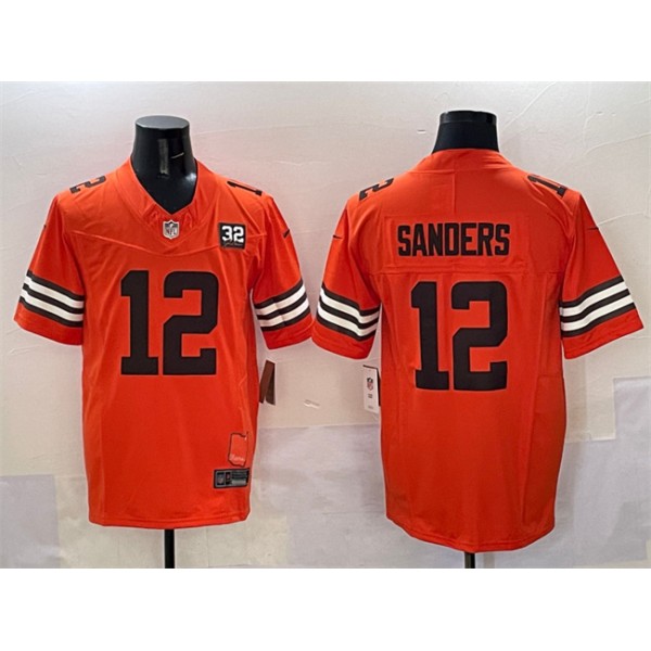 Cleveland Browns #12 Shedeur Sanders Orange 2025 Draft F.U.S.E. With Jim Brown Memorial Home Patch Vapor Limited Stitched Jersey