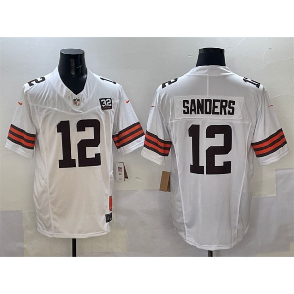 Cleveland Browns #12 Shedeur Sanders White 2025 Draft F.U.S.E. With Jim Brown Memorial Home Patch Vapor Limited Stitched Jersey