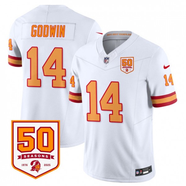 Tampa Bay Buccaneers #14 Chris Godwin White 2025 F.U.S.E. 50th Anniversary Patch Vapor Limited Stitched Jersey