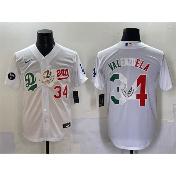 Los Angeles Dodgers #34 Fernando Valenzuela White Mexico Special Vin Scully Patch Stitched Jersey