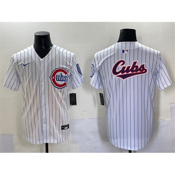 Chicago Cubs Team Big Logo White Pinstripe 2nd Alternate Limited Stitched Jersey