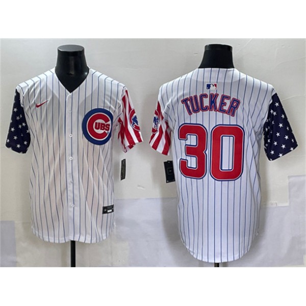 Chicago Cubs #30 Kyle Tucker White Pinstripe 2025 Independence Day Vapor Premier Limited Stitched Jersey