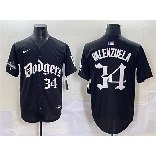Los Angeles Dodgers #34 Fernando Valenzuela Black 2025 LA Gothic Style With 2024 World Series Champions Patch Vapor Premier Limited Stitched Jersey