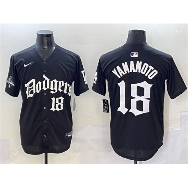 Los Angeles Dodgers #18 Yoshinobu Yamamoto Black 2025 LA Gothic Style With 2024 World Series Champions Patch Vapor Premier Limited Stitched Jersey