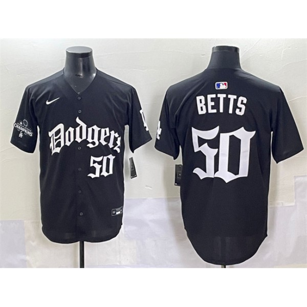 Los Angeles Dodgers #50 Mookie Betts Black 2025 LA Gothic Style With 2024 World Series Champions Patch Vapor Premier Limited Stitched Jersey