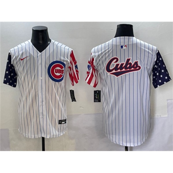 Chicago Cubs Team Big Logo White Pinstripe 2025 Independence Day Vapor Premier Limited Stitched Jersey