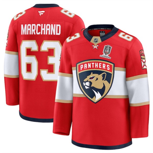Florida Panthers #63 Brad Marchand Red Home 2025 Stanley Cup Champions Patch Stitched Jersey