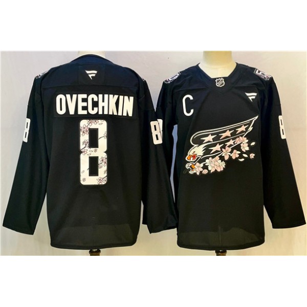 Washington Capitals #8 Alex Ovechkin Black Cherry Blossom With C Patch Stitched Jersey