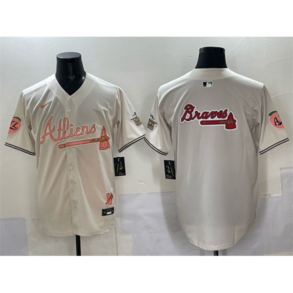 Atlanta Braves Team Big Logo Cream 2024 Atliens Peach With Outkast Patch Vapor Limited Stitched Jersey