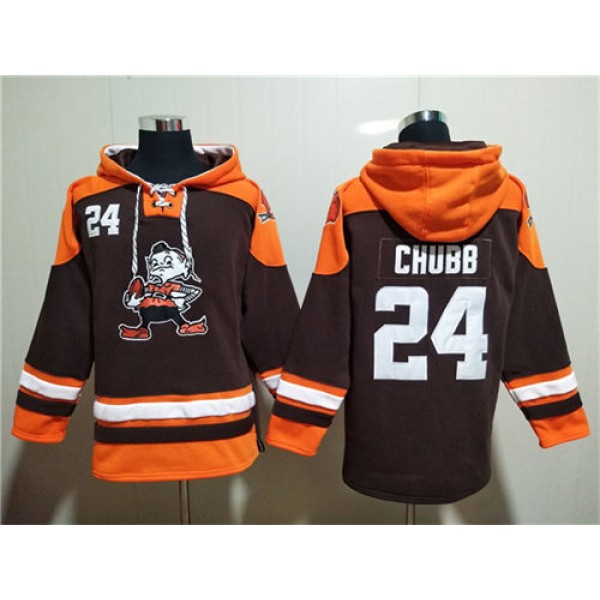 Cleveland Browns #24 Nick Chubb Brown Lace-Up Pullover Hoodie
