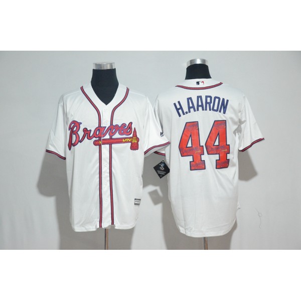 Atlanta Braves #44 Hank Aaron White Team Logo Print Cool Base Stitched Jersey