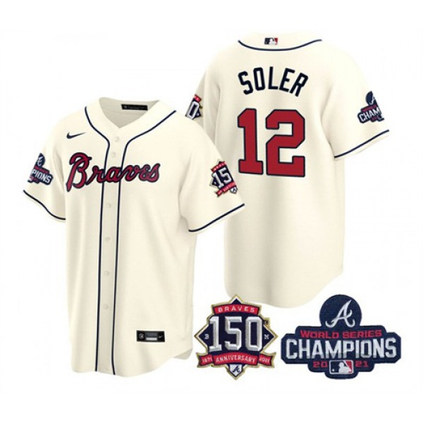 Atlanta Braves #12 Jorge Soler 2021 Cream World Series Champions With 150th Anniversary Patch Cool Base Stitched Jersey