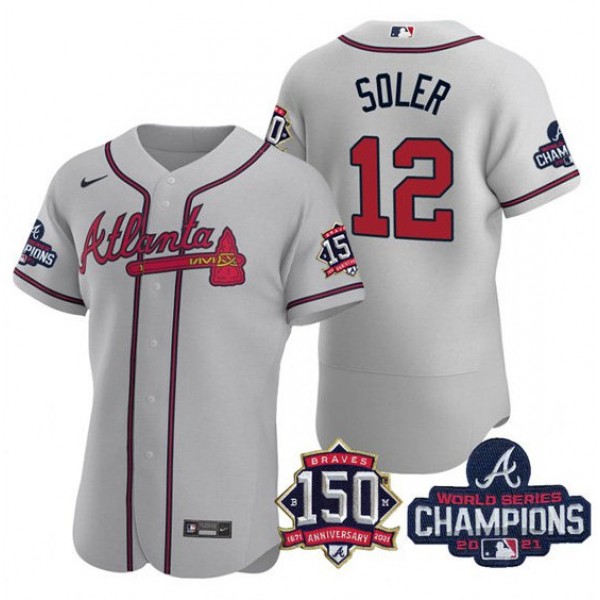 Atlanta Braves #12 Jorge Soler 2021 Gray World Series Champions With 150th Anniversary Flex Base Stitched Jersey