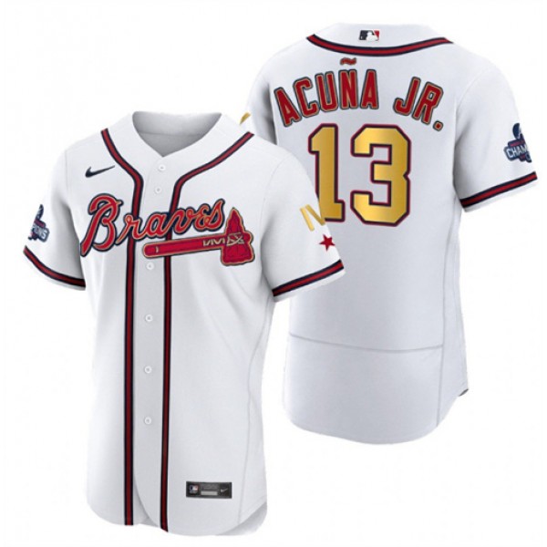 Atlanta Braves #13 Ronald Acuña Jr. White Gold World Series Champions Flex Base Stitched Jersey