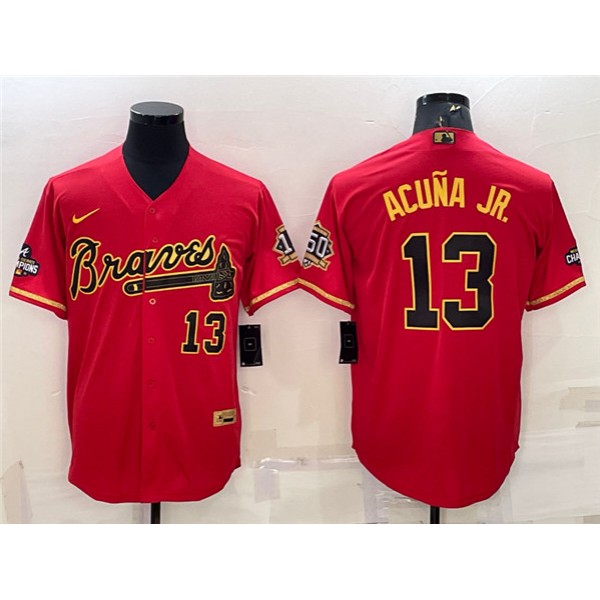 Atlanta Braves #13 Ronald Acuna Jr. Red Gold Cool Base Stitched Baseball Jersey