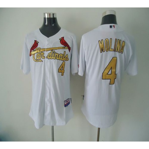 Cardinals #4 Yadier Molina White(Gold No.) Cool Base Stitched Jersey