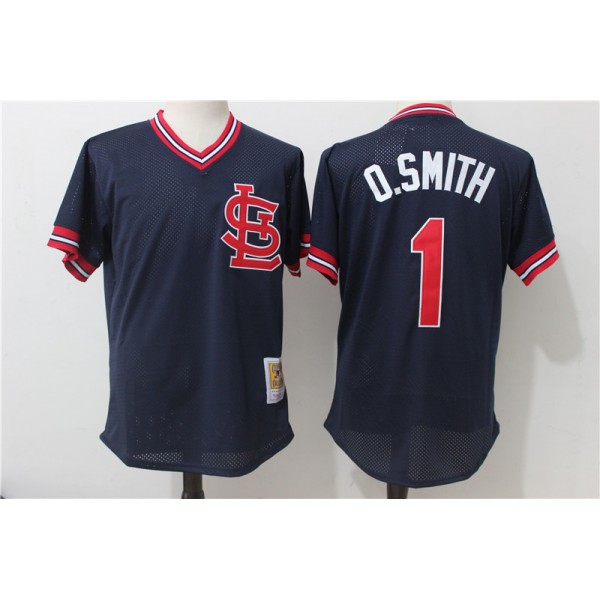 St. Louis Cardinals #1 Ozzie Smith Mitchell Ness Navy 1994 Authentic Cooperstown Collection Mesh Batting Practice Stitched Jersey