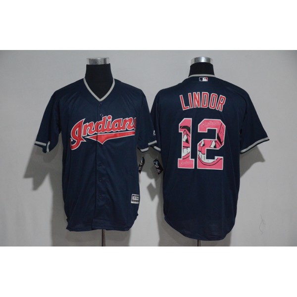 Cleveland Indians #12 Francisco Lindor Navy Blue Team Logo Print Cool Base Stitched Jersey