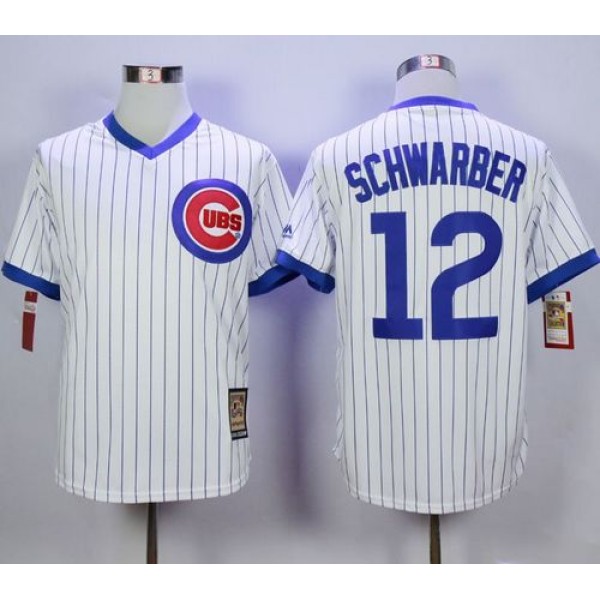 Cubs #12 Kyle Schwarber White Strip Home Cooperstown Stitched Jersey
