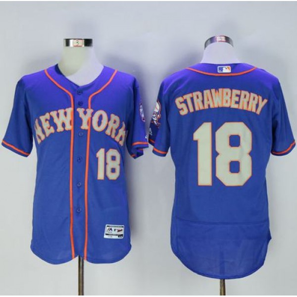 Mets #18 Darryl Strawberry Blue(Grey NO.) Flexbase Authentic Collection Stitched Jersey