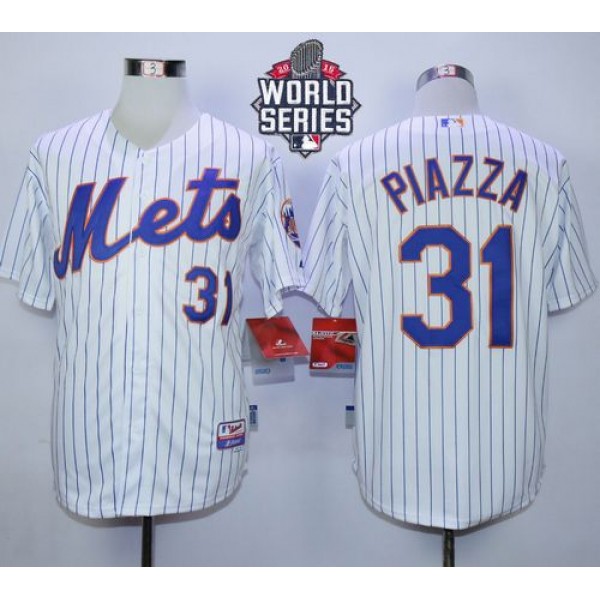 Mets #31 Mike Piazza White(Blue Strip) Home Cool Base W 2015 World Series Patch Stitched Jersey