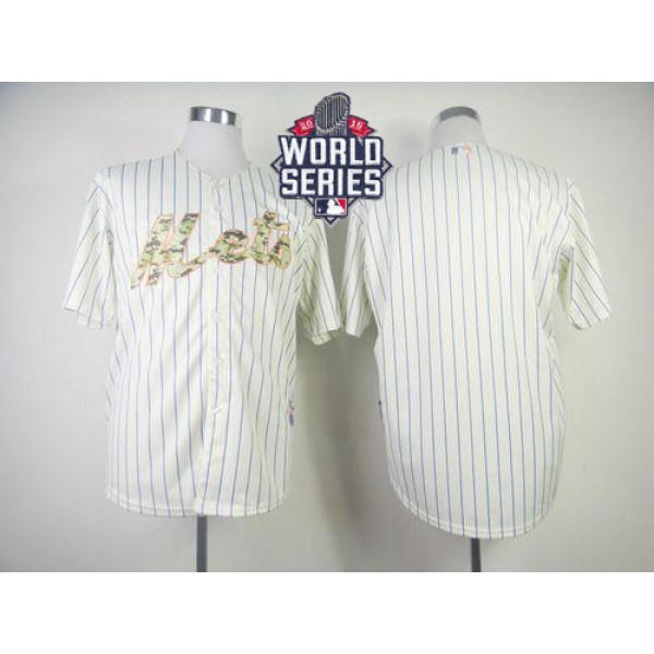 Mets Blank Cream(Blue Strip) USMC Cool Base W 2015 World Series Patch Stitched Jersey