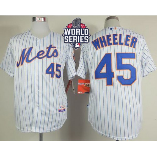 Mets #45 Zack Wheeler White(Blue Strip) Home Cool Base W 2015 World Series Patch Stitched Jersey