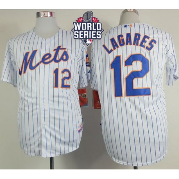 Mets #12 Juan Lagares White(Blue Strip) Home Cool Base W 2015 World Series Patch Stitched Jersey