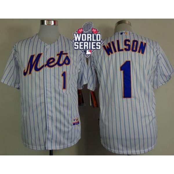 Mets #1 Mookie Wilson White(Blue Strip) Home Cool Base W 2015 World Series Patch Stitched Jersey