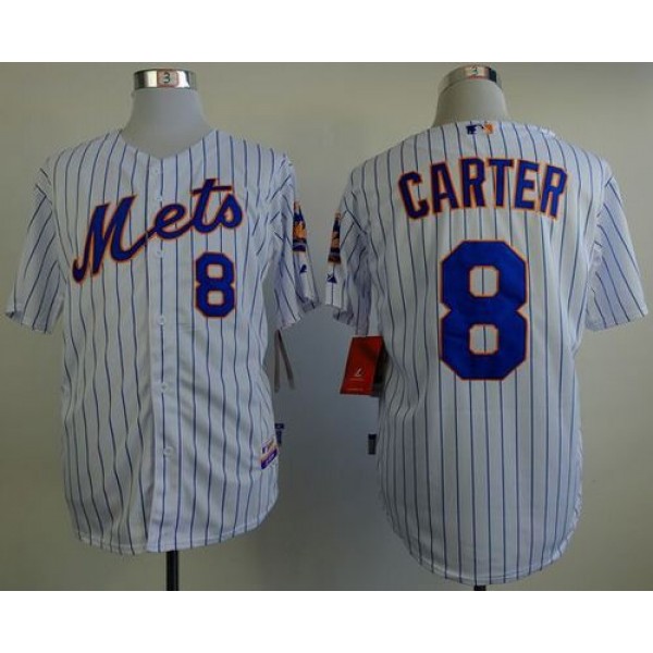 Mets #8 Gary Carter White(Blue Strip) Home Cool Base Stitched Jersey