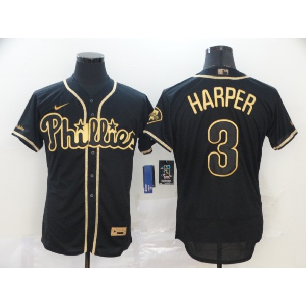 Philadelphia Phillies #3 Bryce Harper Black Golden Stitched Jersey