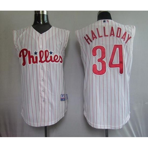 Phillies #34 Roy Halladay White(Red Strip) Vest Style Stitched Jersey