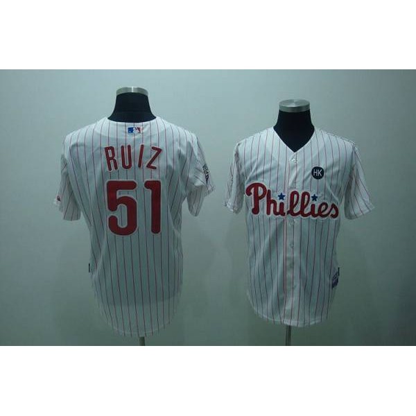 Phillies #51 Carlos Ruiz Stitched White Red Strip Jersey