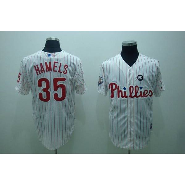 Phillies #35 Colbert Hamels Stitched White Red Strip Jersey