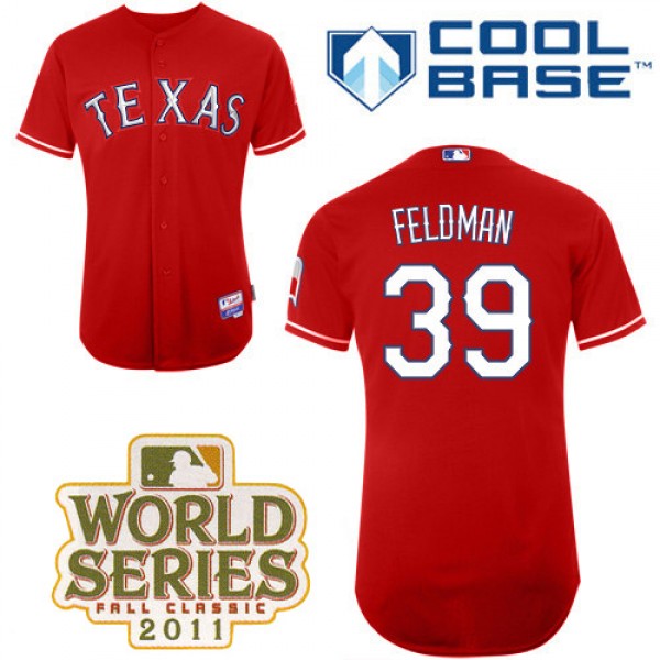 Rangers #39 Scott Feldman Red Cool Base 2011 World Series Patch Stitched Jersey