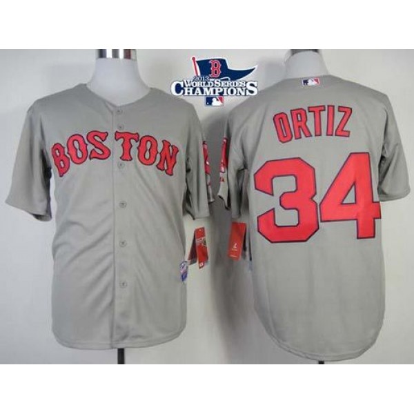 Red Sox #34 David Ortiz Grey Cool Base 2013 World Series Champions Patch Stitched Jersey