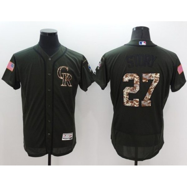 Rockies #27 Trevor Story Green Flexbase Authentic Collection Salute To Service Stitched Jersey