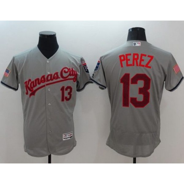 Royals #13 Salvador Perez Grey Fashion Stars Stripes Flexbase Authentic Stitched Jersey