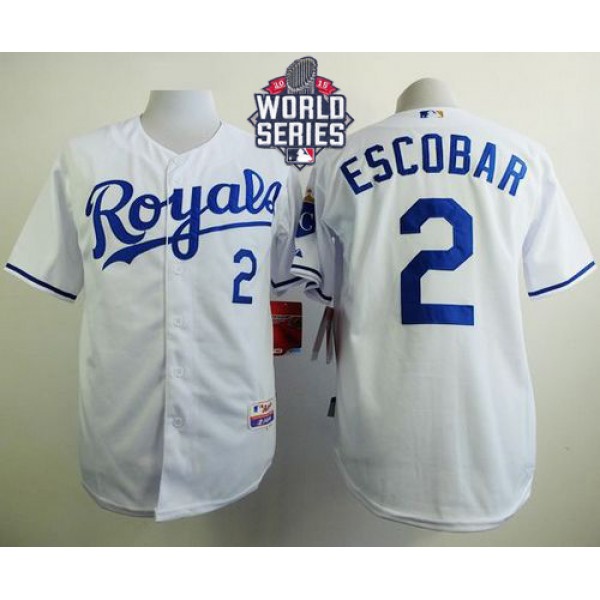 Royals #2 Alcides Escobar White Cool Base W 2015 World Series Patch Stitched Jersey